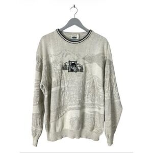 Northern Elements Vintage Wolf Mountain Knit Sweater Mens Beige Cream size L